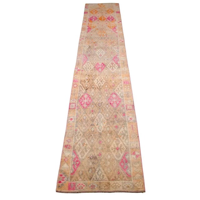 Hand-Knotted Turkish Kurdish Runner Rug . Tribal Low Pile Faded Runner Rug 2′9″ × 13′11″ For Sale - Image 4 of 11