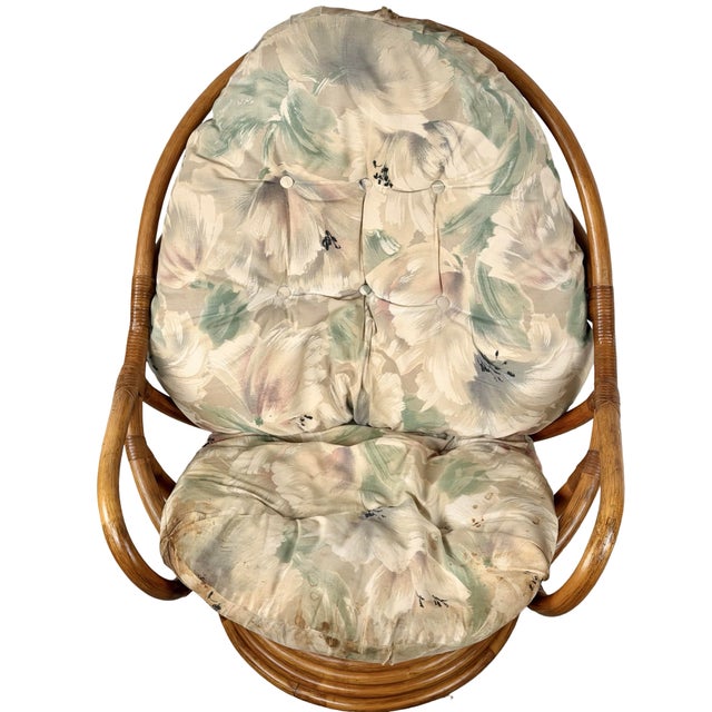 Wood Vintage Rattan Swivel Rocker Lounge Chair With Tufted Floral Cushions For Sale - Image 7 of 15