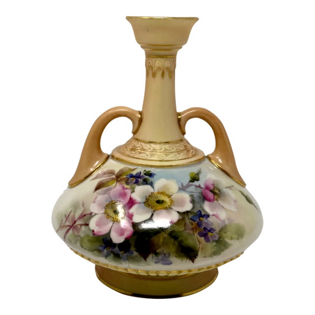 Antique 1903 Royal Worcester Hand Painted Twin Handled Floral Vase For Sale
