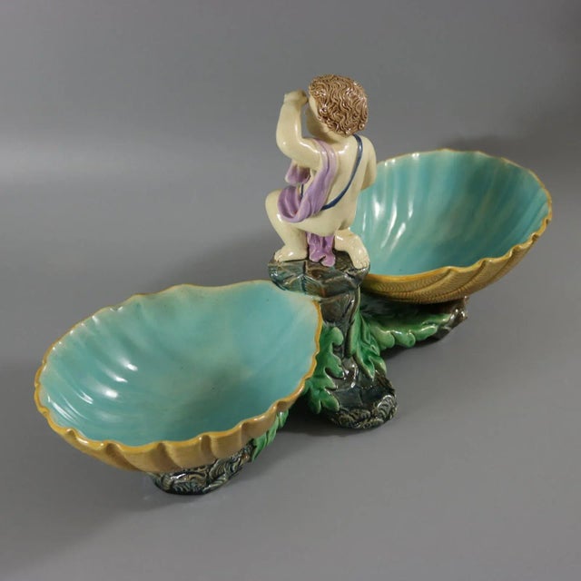 Holdcroft Majolica Putto and Shells Dish For Sale - Image 4 of 12