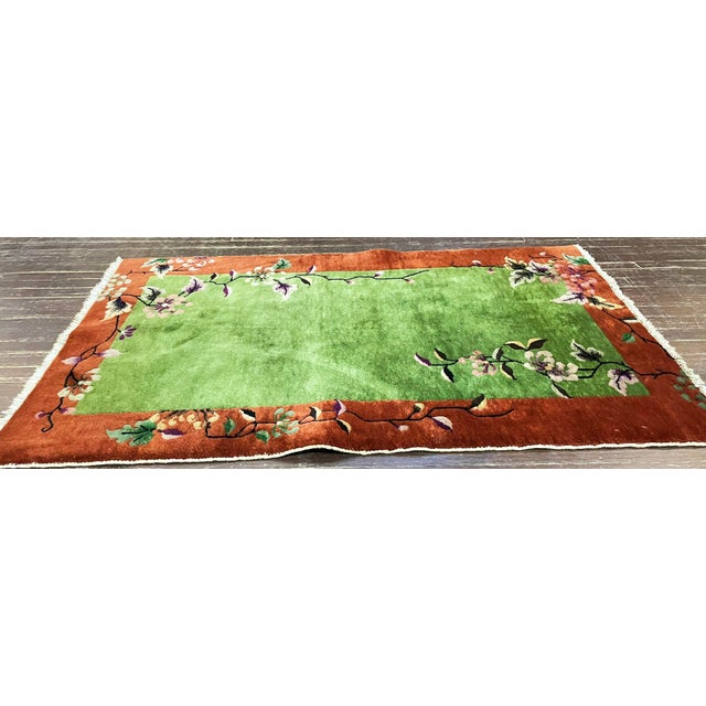 Antique Handmade Art Deco Chinese carpet, c-1920's,3' x 4'10". Woven with natural dyed soft wool pile, in green and...