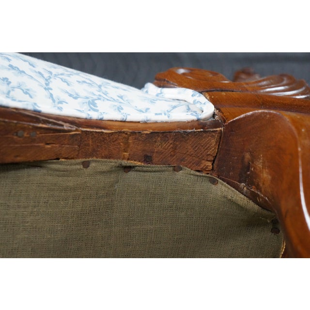 Antique Victorian Carved Walnut Spoon-Back Blue Floral Salon Armchair C. 1880s For Sale - Image 17 of 18