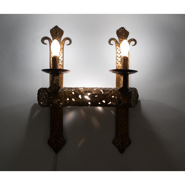 Bronze 1960s Mid-Century Modern Spanish Brutalist Gilt Iron Wall Sconce, Pierced Torch Candle Light For Sale - Image 8 of 8