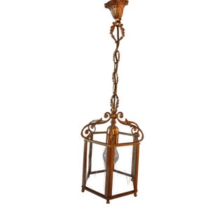 Brass and Cut Glass Hexagon Lantern Pendant Lamp, 1940s For Sale