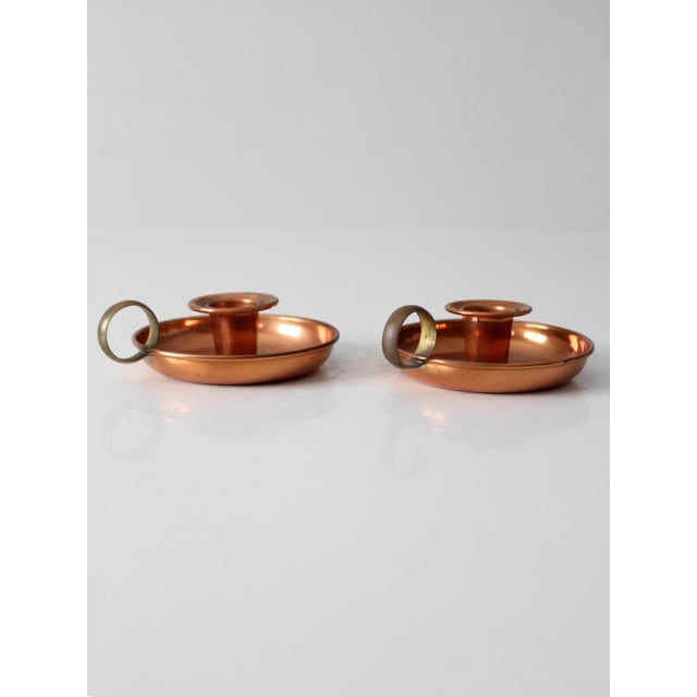 Mid-Century Modern Vintage Copper and Brass Chamberstick Candlesticks Pair For Sale - Image 3 of 15