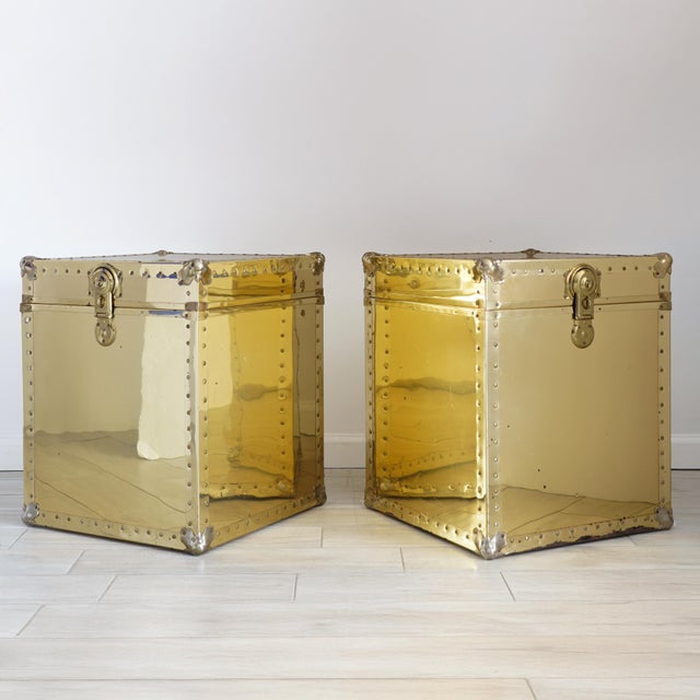 Campaign Vintage Pair of Brass Storage Trunk Side Tables For Sale - Image 3 of 13