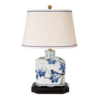 Vintage Blue & White Chinoiserie Porcelain Table Lamp – Hand-Painted Bird Motif – Oval Shade Coastal Regency (Sku 270) For Sale