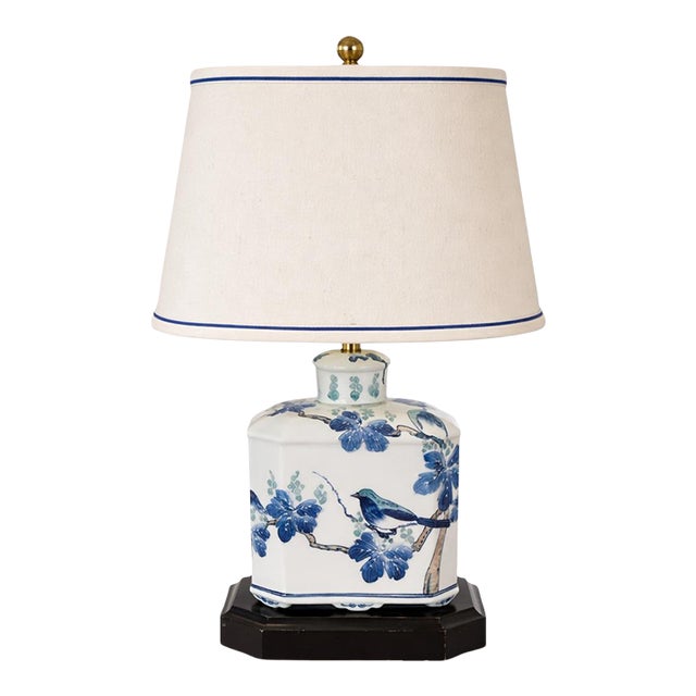 Vintage Blue & White Chinoiserie Porcelain Table Lamp – Hand-Painted Bird Motif – Oval Shade Coastal Regency (Sku 270) For Sale