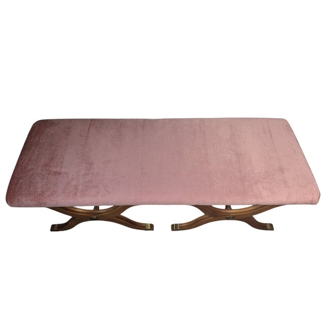 Vintage Dorothy Draper Espana Pink Velvet Bench With Curule Legs For Sale - Image 9 of 15