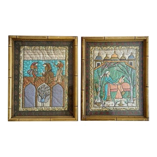 Pair Persian Mughal Textiles Framed in Bamboo For Sale
