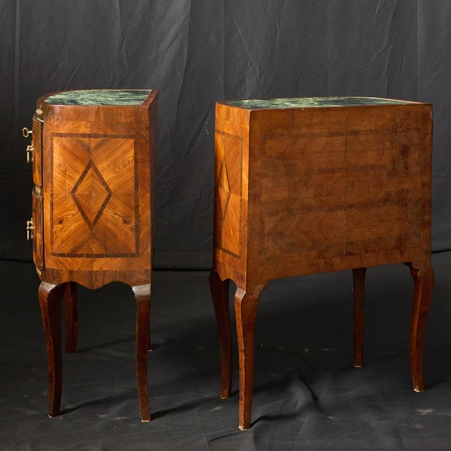 Pair of 18th Century Italian Commodinis With Marble Tops and Marquetry Inlay, Sicilian, C. 1780 For Sale - Image 4 of 12