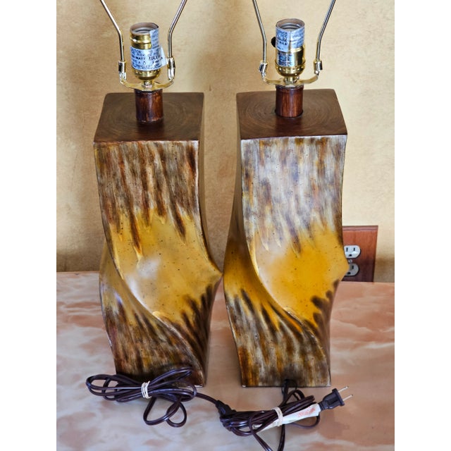 Mid-Century Modern Style Twisted Wood Look Table Lamps With Suede Lamp Shades - a Pair For Sale In Washington DC - Image 6 of 12
