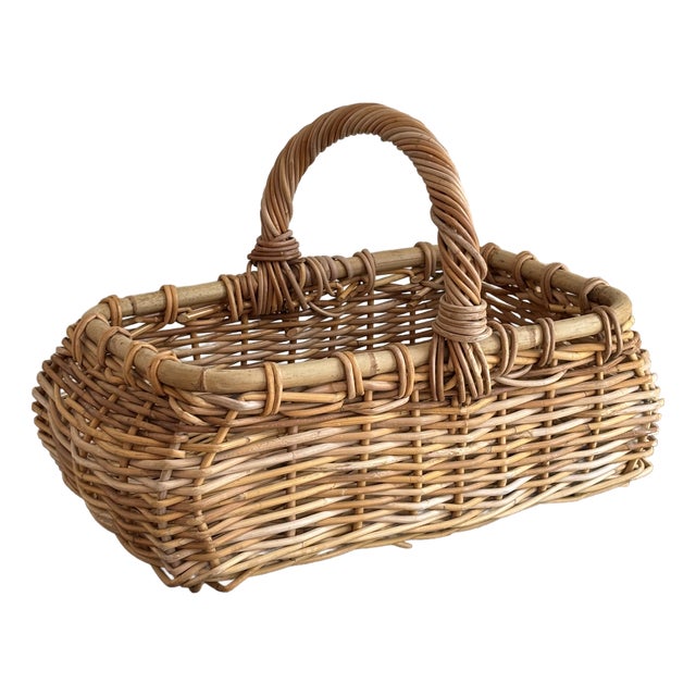 Large French Country-Style Storage Basket W/ Bamboo Rim & Handle For Sale