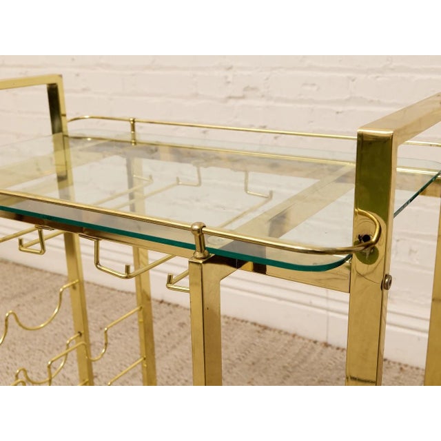 Mid 20th Century Vintage Hollywood Regency Brass Bar Cart With Glass Shelves For Sale - Image 5 of 11