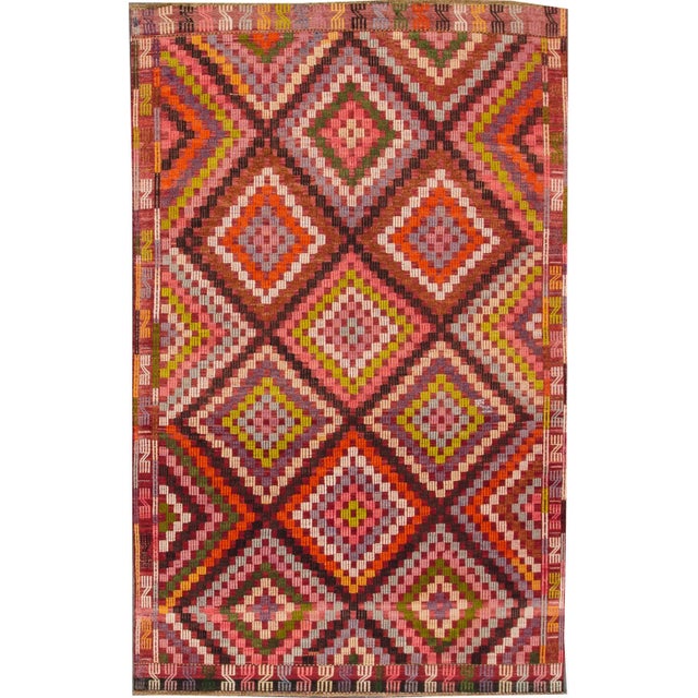 1960s Vintage Turkish Kilim Handmade Pink Geometric Wool Rug For Sale - Image 5 of 5