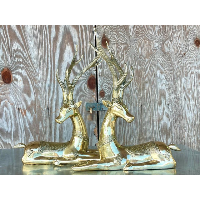 Metal Vintage Regency Brass Sitting Deers- a Pair For Sale - Image 7 of 9