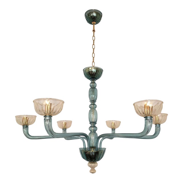 1980s Mid Century Modern Petrol Blue Murano Glass Chandelier For Sale