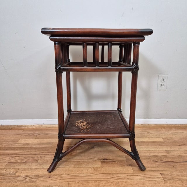 Brown 2010s British Colonial Style Rattan & Wicker Square Tiered Side Table For Sale - Image 8 of 12