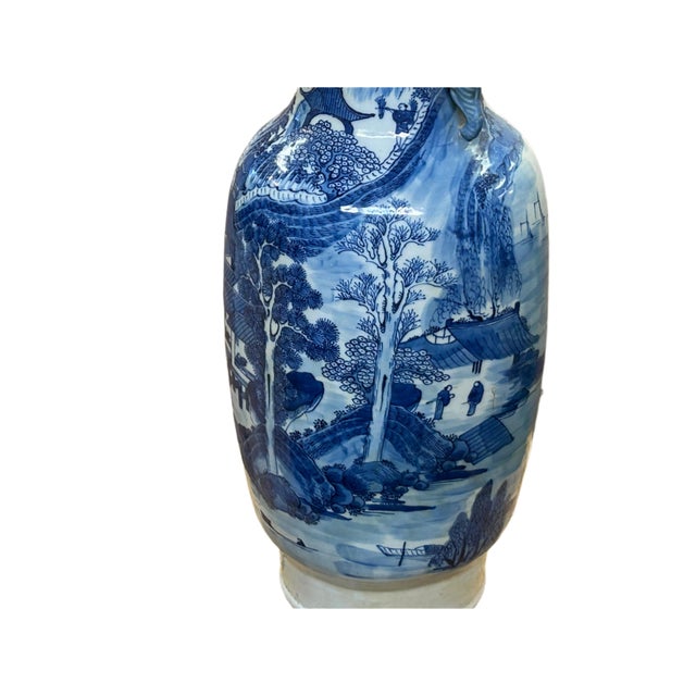 23" Vintage Blue White Scenery Porcelain Elephant Head Ear Art Vase For Sale - Image 12 of 12