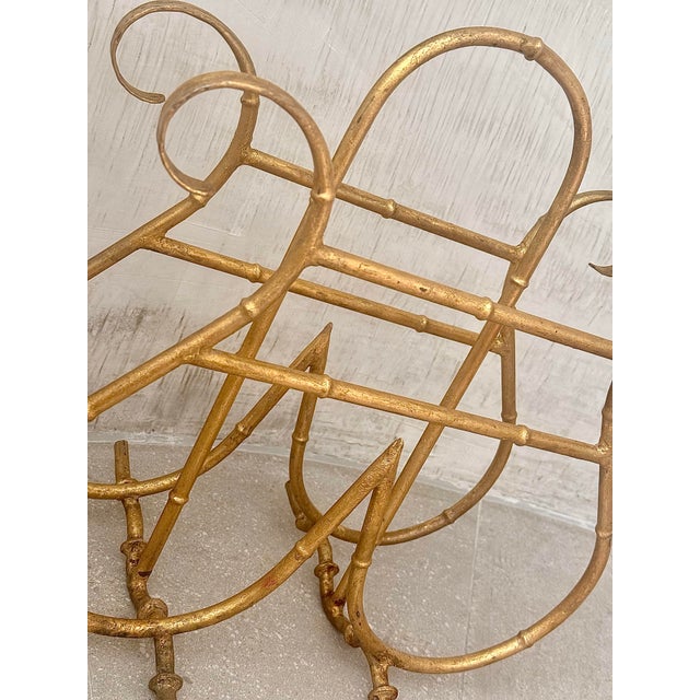 Mid-Century Modern Vintage Hollywood Regency Style Gilt Faux-Bamboo Metal Magazine, Newspaper, Book Rack, Vinyl Record Holder, Circa 1950s For Sale - Image 3 of 12