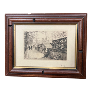 1940s “Les Bouquinistes” French Signed Etching by Yvon Monay, Framed