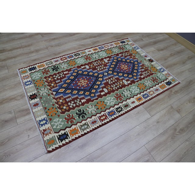 Tribal 1960s Oriental Style Handmade Blue Oushak Kilim Rug For Sale - Image 3 of 9