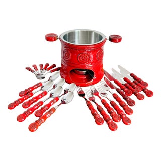 Vintage Tirol Cutlery Set and Fondue Pot in Red Ceramic and Stainless Steel, 1970s, Set of 24 For Sale