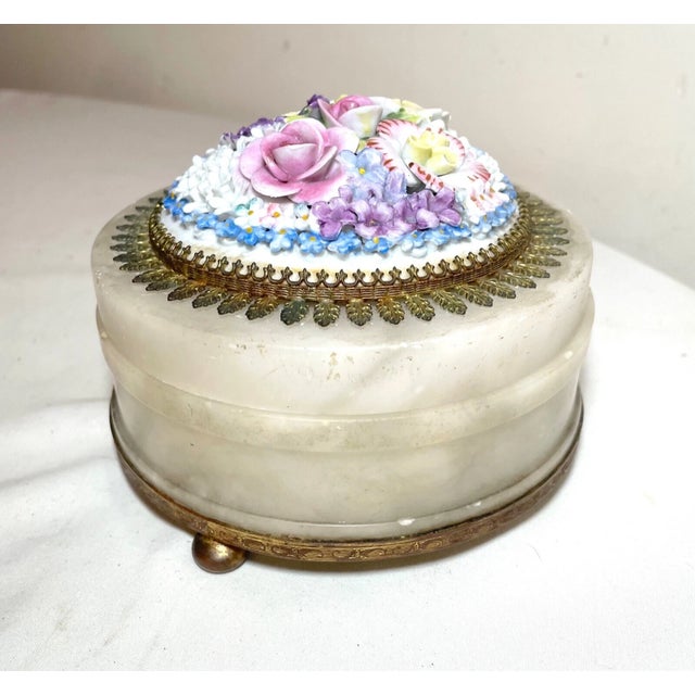 Up for sale is a very nice quality antique ornate handmade dresser box. It's carved out of thick alabaster and the...