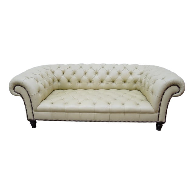 1990s George Smith Light Green Leather Chesterfield Sofa With Nailheads For Sale