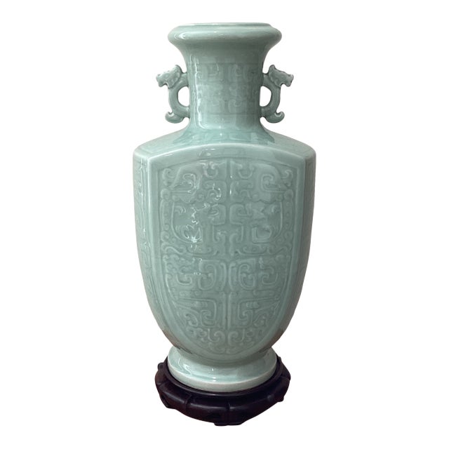 Antique Big & Heavy Celadon Glazed Crackle Porcelain Double Ear Vase Marked With Stand For Sale