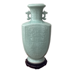 Antique Big & Heavy Celadon Glazed Crackle Porcelain Double Ear Vase Marked With Stand