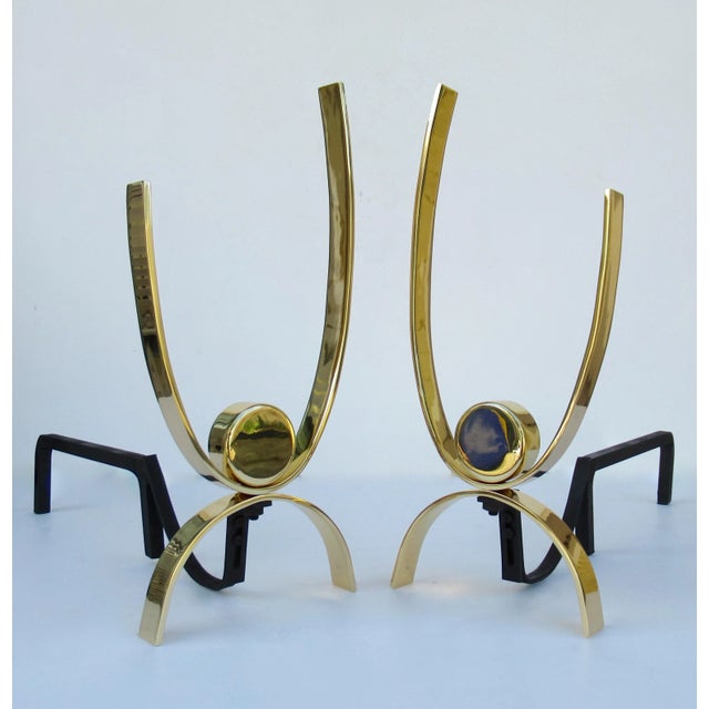 Mid-Century Modern C.1950's-60's Mid-Century Original Donald Deskey Polished Brass & Iron Andirons -A Pair For Sale - Image 3 of 18