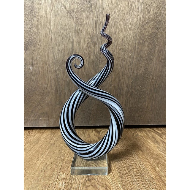 Murano Vintage Sculpted Art Glass Murano Style Black & White Swirl Sculpture For Sale - Image 4 of 6