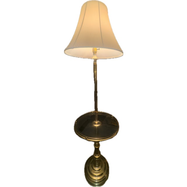 Vintage Stiffel Style Solid Brass Floor Lamp With Integrated Round Glass Side Table For Sale - Image 9 of 16