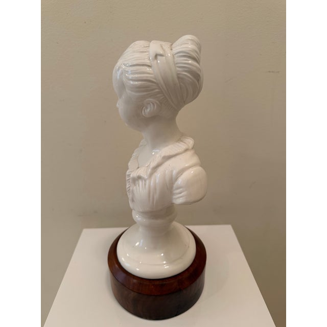 Vintage 1960s Italian White Glazed Ceramic Neoclassical Bust on Wood Base For Sale - Image 4 of 8