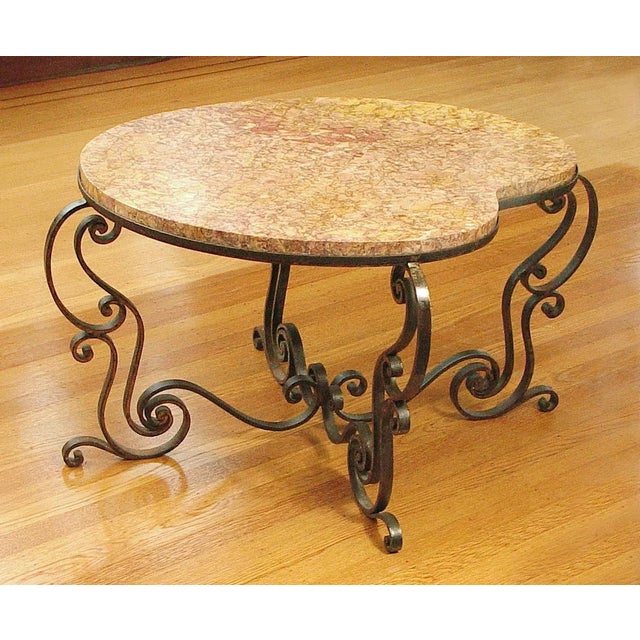 Brown 1930s French Art Deco Marble-Top Wrought Iron Center Table, Pallet-Shape For Sale - Image 8 of 9