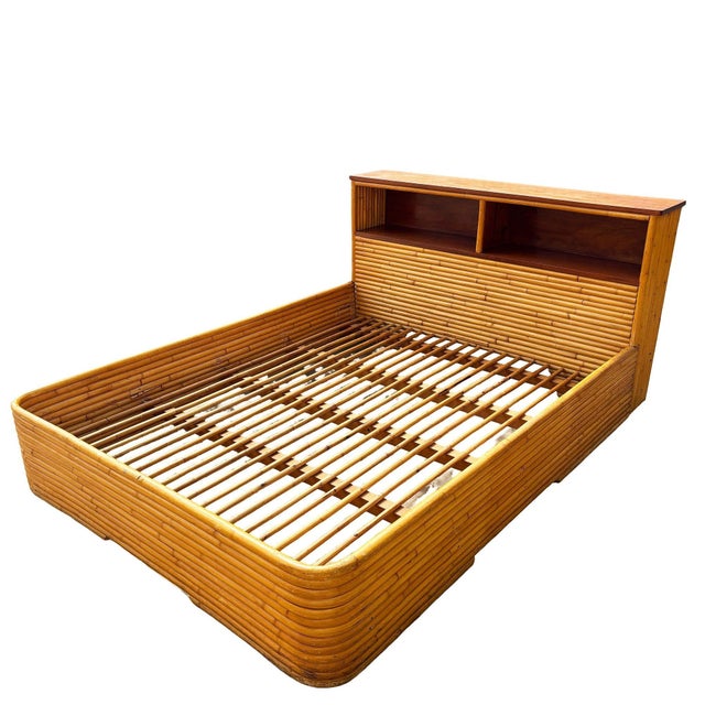 Restored Mid-Century Queen Size 13-Strand Stacked Rattan Bed Frame W/ Book Shelf For Sale - Image 9 of 9