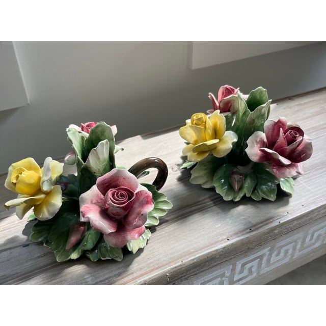 Mid 20th Century Mid 20th Century Italian Capodimonte Ceramic Flower Candlestick Holders With Finger Loops-Set of 2 For Sale - Image 5 of 11