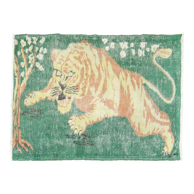 Mid 20th Century Green Vintage Turkish Tiger Pictorial Rug, 2'11'' X 3'10'' For Sale