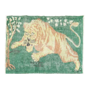 Mid 20th Century Green Vintage Turkish Tiger Pictorial Rug, 2'11'' X 3'10''