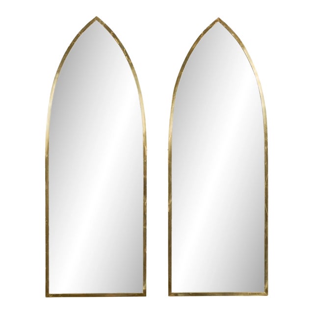 Midcentury Brass Gothic Style Golden Broken Arch Mirrors, a Pair For Sale