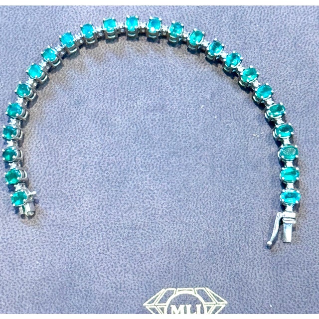 Gemstone 12 Carat Natural Emerald & Diamond Cocktail Tennis Bracelet 14 Karat White gold For Sale - Image 7 of 18