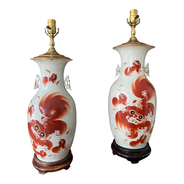 19th Century Qing Dynasty Iron Red Foo Dog Lamps - a Pair For Sale