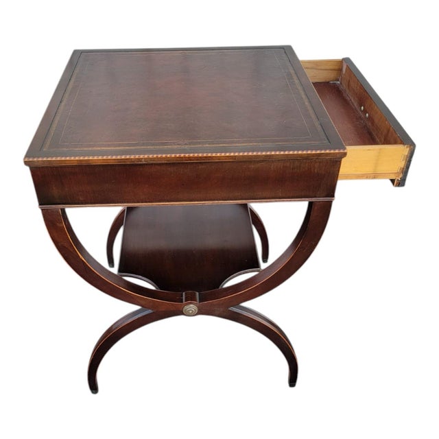 Wood 1920s Antique Regency Mahogany Table Inlaid Leather Top 1 Drawer Stenciled Detail For Sale - Image 7 of 11
