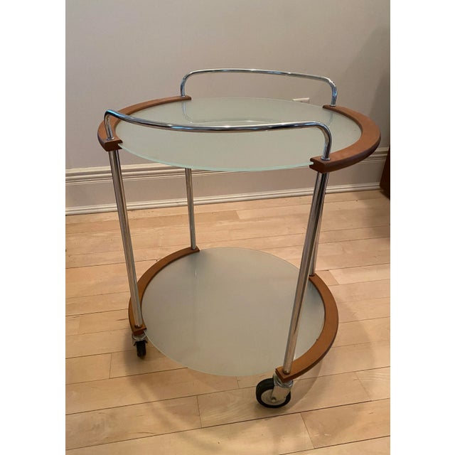 1990s Italian Wood, Sterling, and Frosted Glass 2 Level Bar Cart With Wheels For Sale In New York - Image 6 of 6