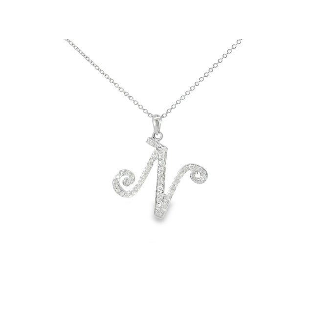 Modern Late 20th Century 18K White Gold Diamond N Initial Pendant Slide Necklace Estate For Sale - Image 3 of 3