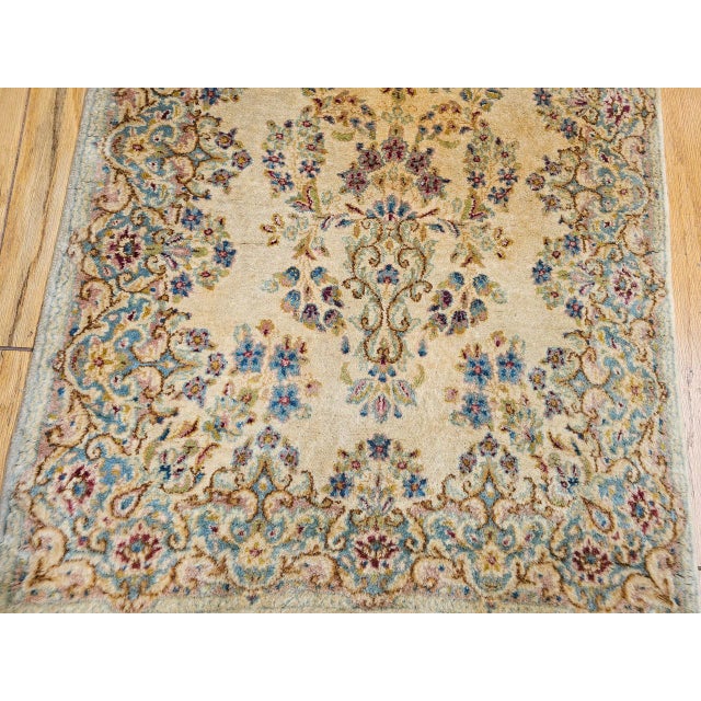 Textile Vintage Persian Kerman Runner Rug, Hand-Knotted Wool, Allover Floral Pattern, Ivory & Blue,3x12 For Sale - Image 7 of 10