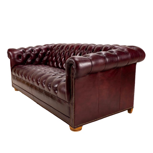 Vintage 1970s Tufted English Chesterfield Style Burgundy Leather Sofa 76" For Sale - Image 18 of 18