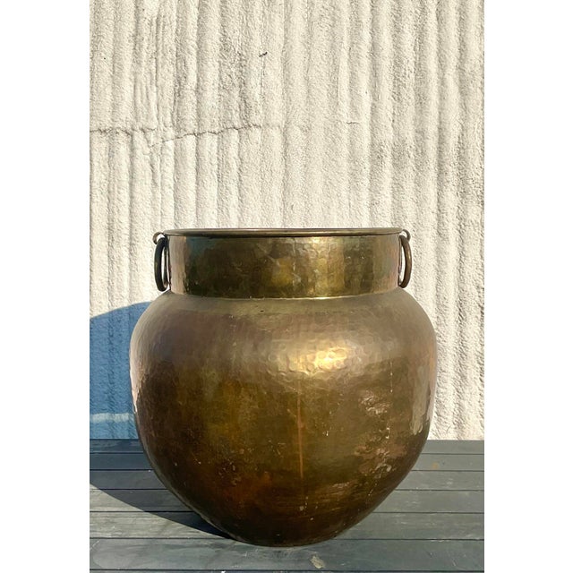 Vintage Boho Monumental Hammered Brass Rings Urn For Sale - Image 11 of 11