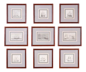 Antique Framed Pen and Ink Navel Sailing Ships - Set of 9